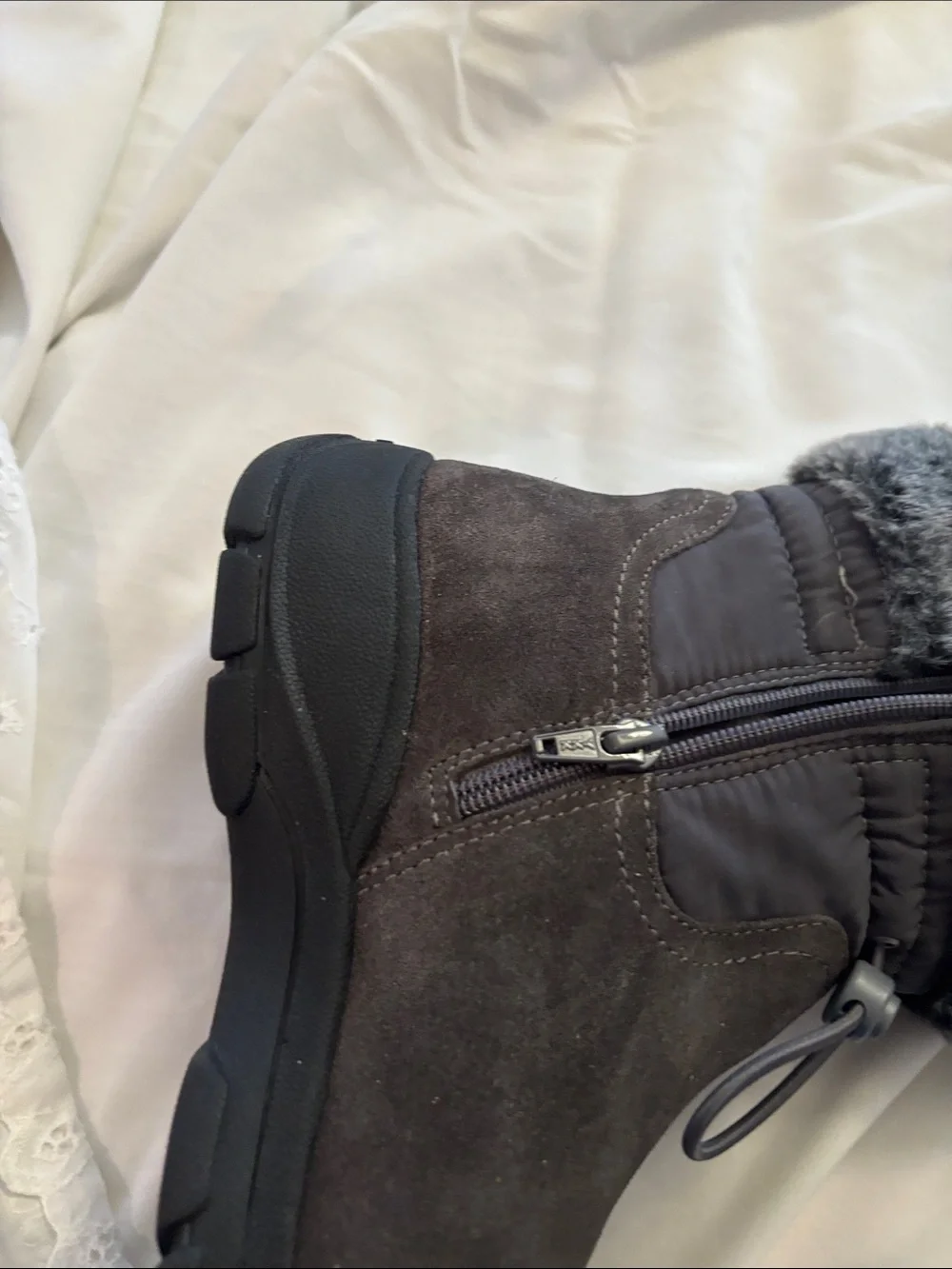 Lands' End Women's Gray Suede Faux-Fur Cuff Ankle Snow Boots